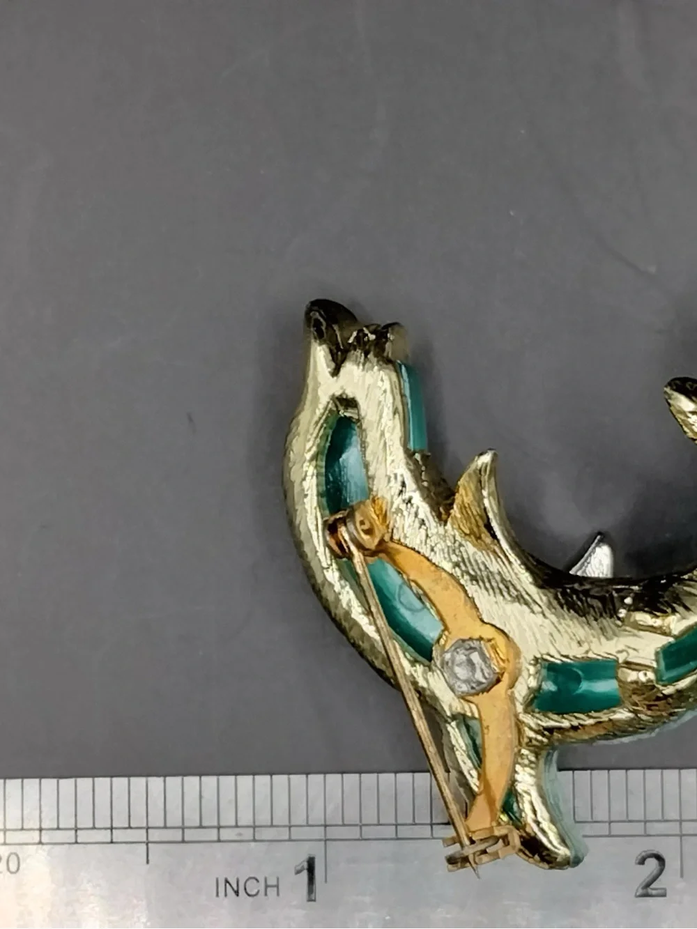 Vintage Gold-tone Dolphin Brooch w Green & Blue Enamel, White Rhinestones